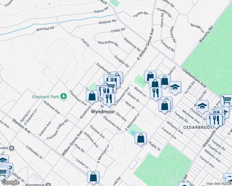 map of restaurants, bars, coffee shops, grocery stores, and more near 1002 East Willow Grove Avenue in Wyndmoor