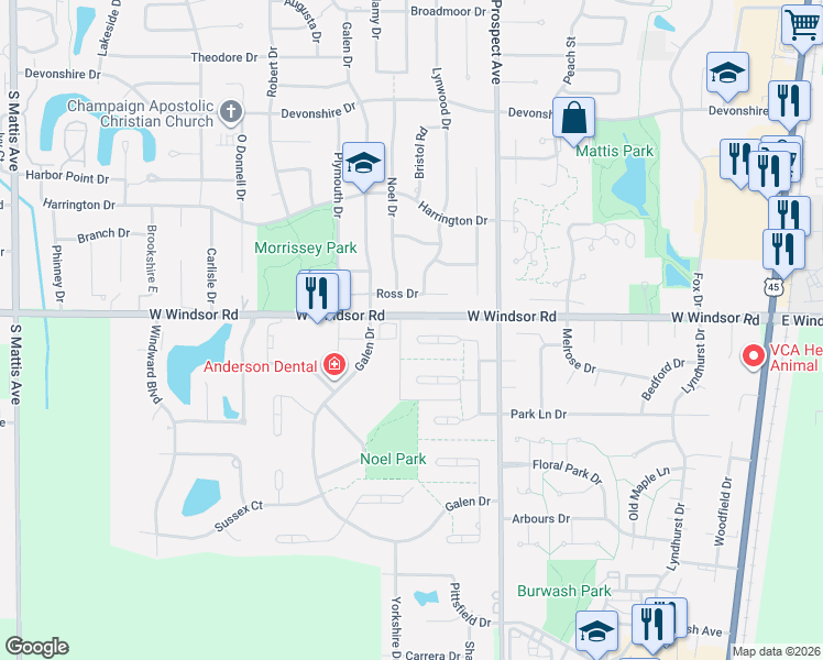 map of restaurants, bars, coffee shops, grocery stores, and more near 1015 County Road 1400 North in Champaign