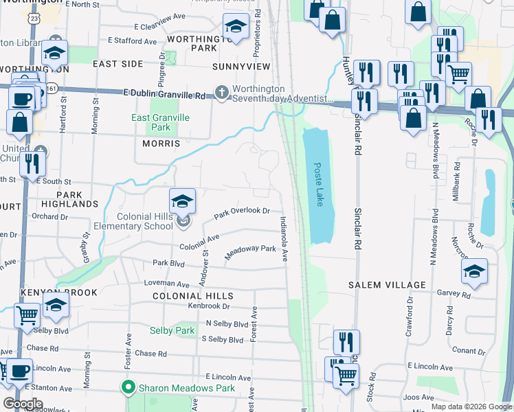 map of restaurants, bars, coffee shops, grocery stores, and more near 532 Park Overlook Drive in Worthington