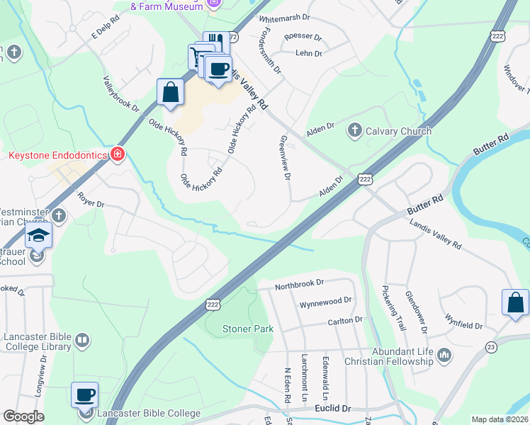 map of restaurants, bars, coffee shops, grocery stores, and more near 252 Greenview Drive in Lancaster