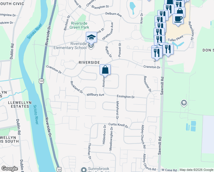 map of restaurants, bars, coffee shops, grocery stores, and more near 3110 Aleshire Drive in Dublin