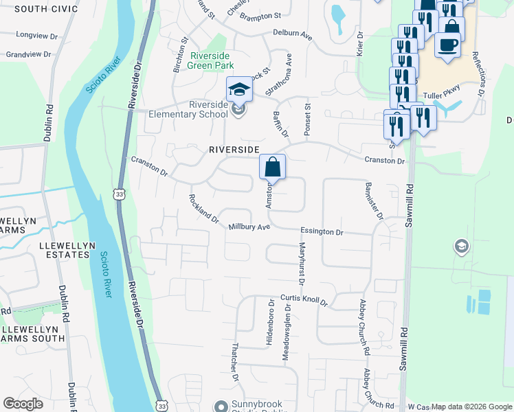 map of restaurants, bars, coffee shops, grocery stores, and more near 6303 Amston Drive in Dublin