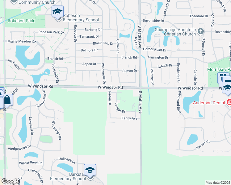 map of restaurants, bars, coffee shops, grocery stores, and more near 2404 Leeper Drive in Champaign