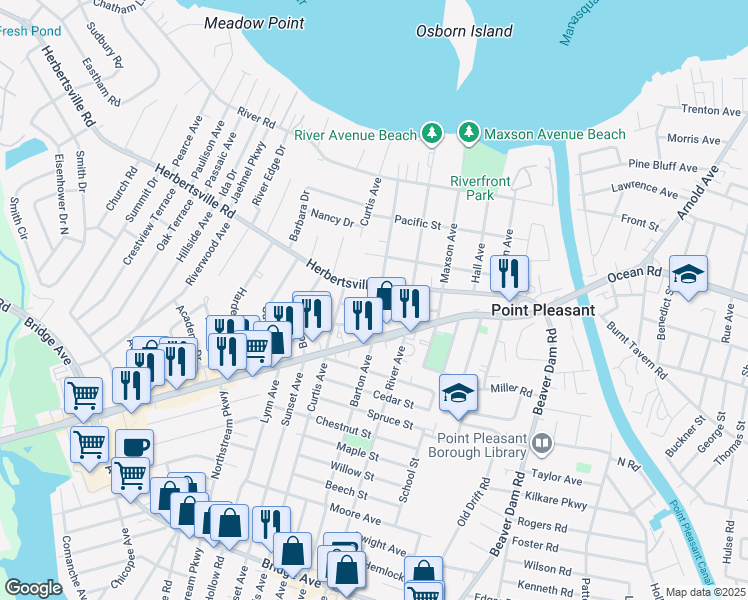 map of restaurants, bars, coffee shops, grocery stores, and more near 2604 Newark Avenue in Point Pleasant