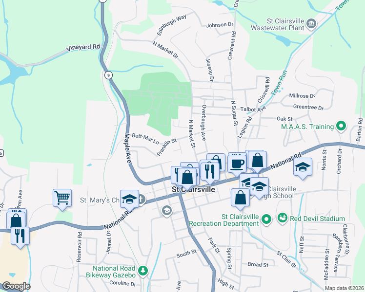 map of restaurants, bars, coffee shops, grocery stores, and more near 3 Weston Place in Saint Clairsville