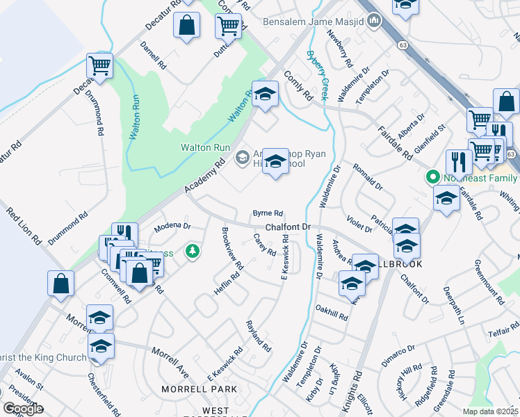 map of restaurants, bars, coffee shops, grocery stores, and more near 3537 Byrne Rd in Philadelphia