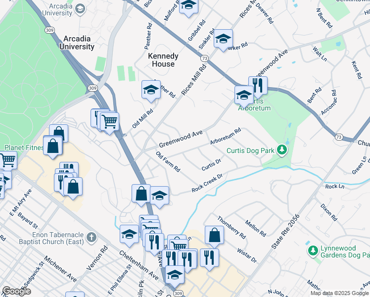 map of restaurants, bars, coffee shops, grocery stores, and more near 1111 Arboretum Road in Wyncote