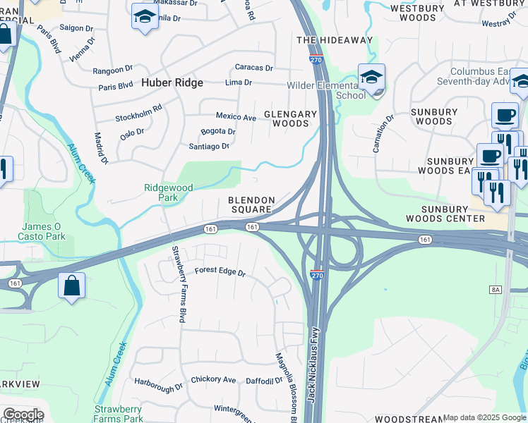 map of restaurants, bars, coffee shops, grocery stores, and more near 5410 Woodvale Court in Westerville