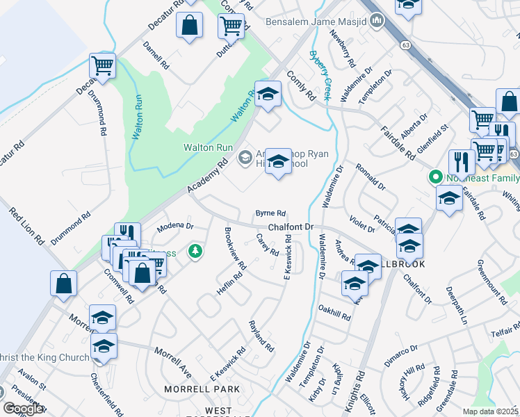 map of restaurants, bars, coffee shops, grocery stores, and more near 3533 Byrne Rd in Philadelphia
