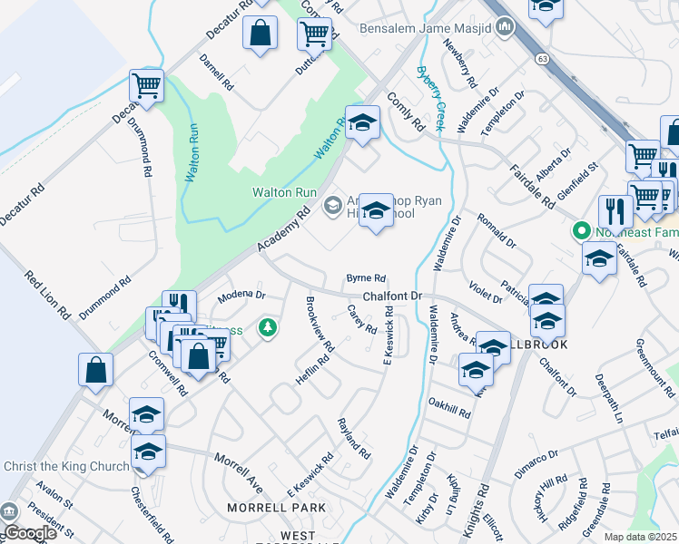 map of restaurants, bars, coffee shops, grocery stores, and more near 3521 Byrne Road in Philadelphia
