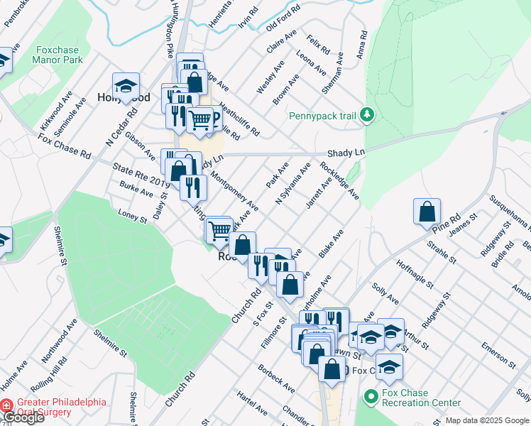 map of restaurants, bars, coffee shops, grocery stores, and more near 401 Montgomery Avenue in Rockledge