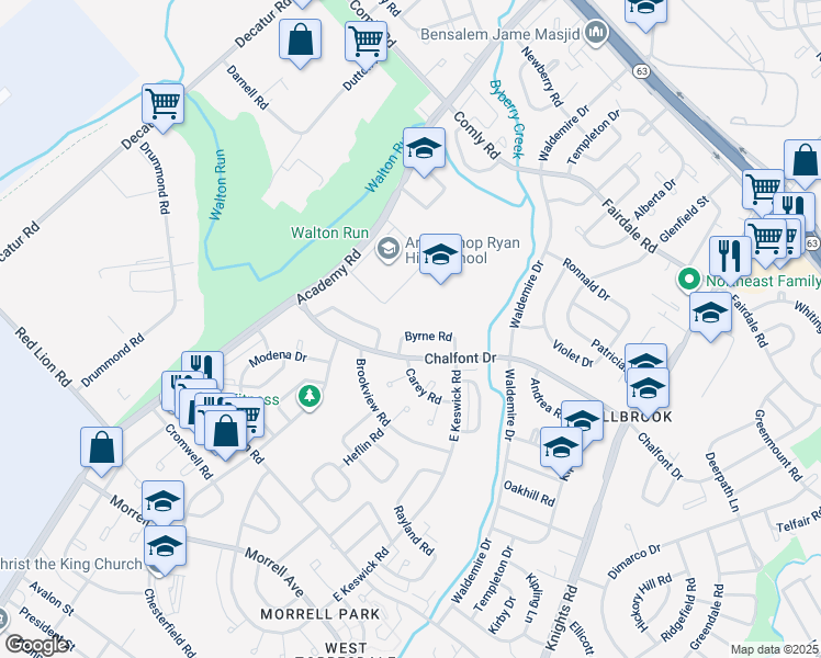 map of restaurants, bars, coffee shops, grocery stores, and more near 3531 Byrne Road in Philadelphia