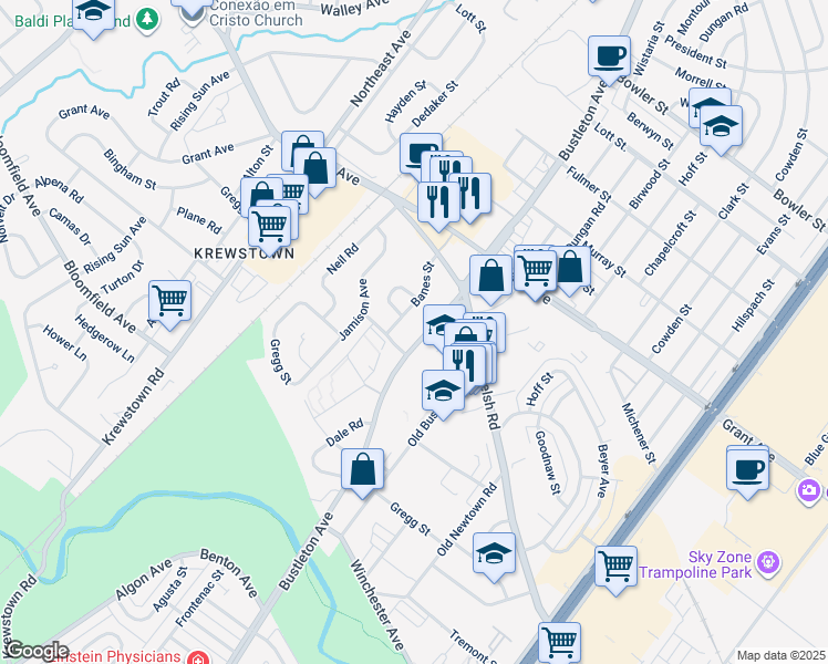map of restaurants, bars, coffee shops, grocery stores, and more near 9312 Bustleton Avenue in Philadelphia