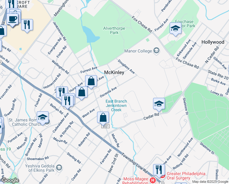 map of restaurants, bars, coffee shops, grocery stores, and more near 343 Osceola Avenue in Elkins Park