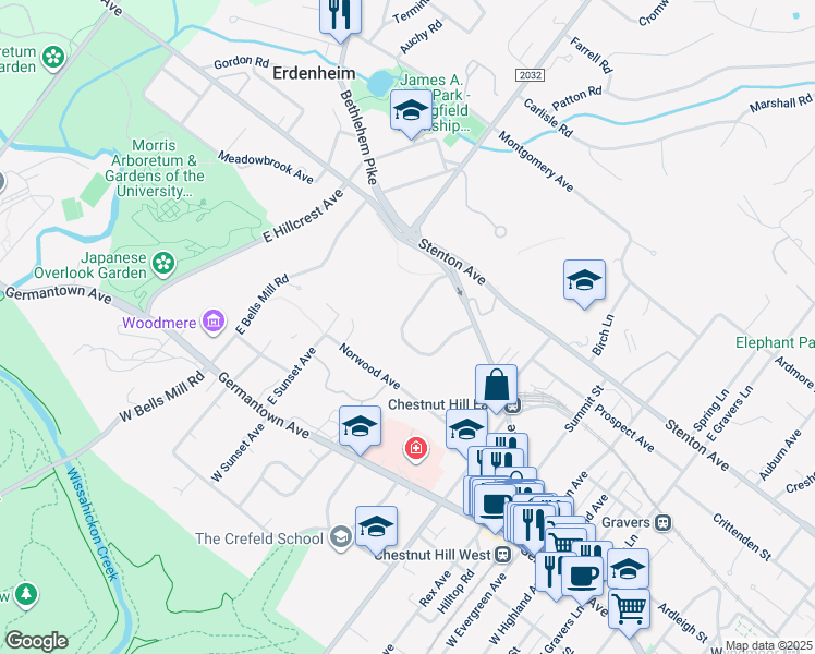map of restaurants, bars, coffee shops, grocery stores, and more near 181 Lynnebrook Lane in Philadelphia