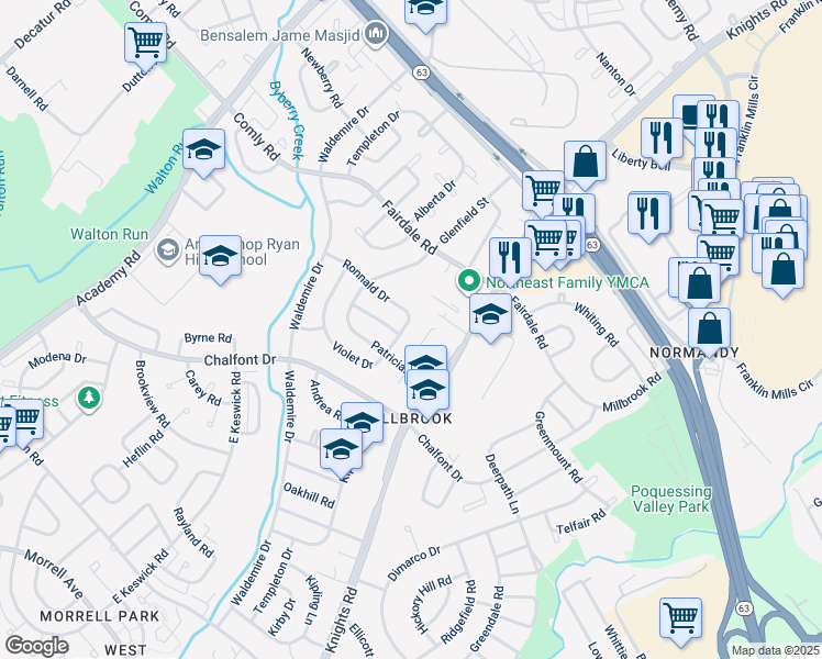 map of restaurants, bars, coffee shops, grocery stores, and more near 11115 Kirby Dr in Philadelphia