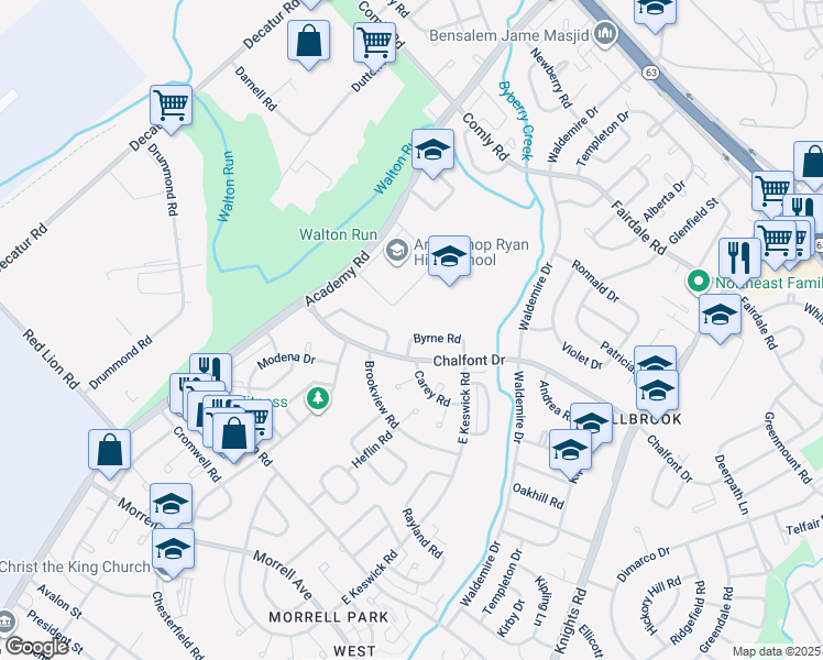 map of restaurants, bars, coffee shops, grocery stores, and more near 3523 Byrne Road in Philadelphia