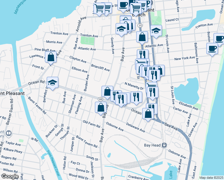 map of restaurants, bars, coffee shops, grocery stores, and more near 1120 Bay Avenue in Point Pleasant