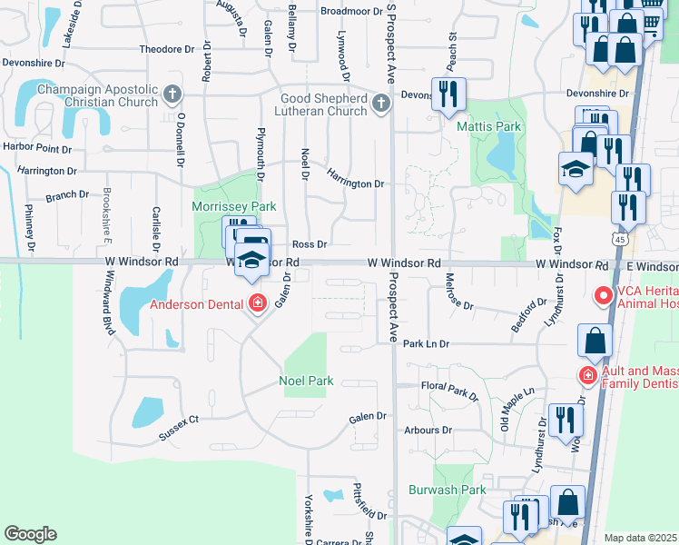 map of restaurants, bars, coffee shops, grocery stores, and more near 2406 North Nottingham Court in Champaign