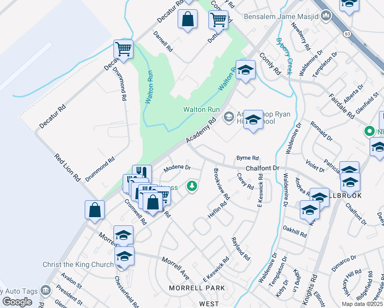 map of restaurants, bars, coffee shops, grocery stores, and more near 3428 Chalfont Drive in Philadelphia