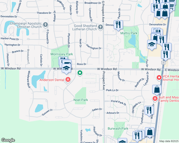map of restaurants, bars, coffee shops, grocery stores, and more near 2406 North Nottingham Court in Champaign