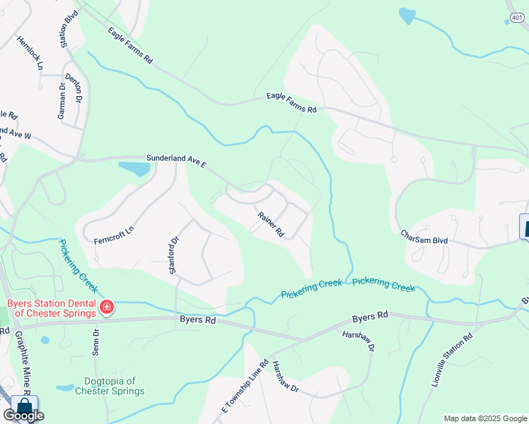 map of restaurants, bars, coffee shops, grocery stores, and more near 2507 Rainer Rd in Chester Springs