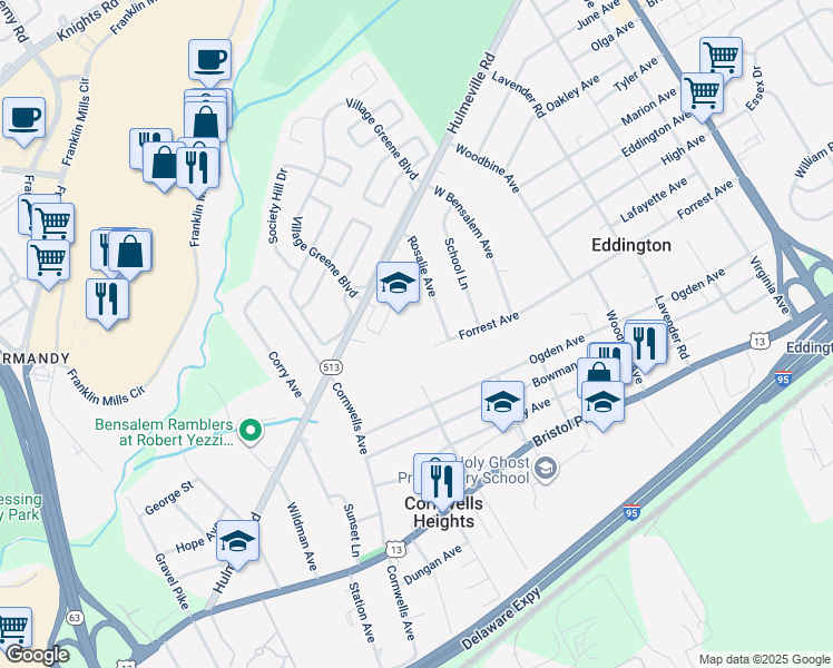 map of restaurants, bars, coffee shops, grocery stores, and more near 2215 Hulmeville Road in Bensalem