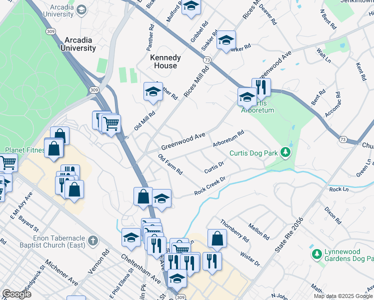 map of restaurants, bars, coffee shops, grocery stores, and more near 1111 Arboretum Rd in Wyncote