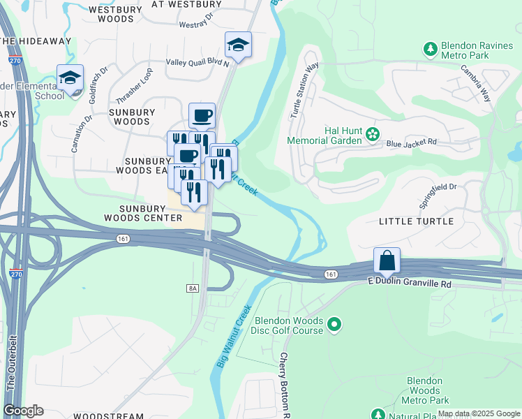 map of restaurants, bars, coffee shops, grocery stores, and more near 4800 Lake Forest Boulevard in Westerville