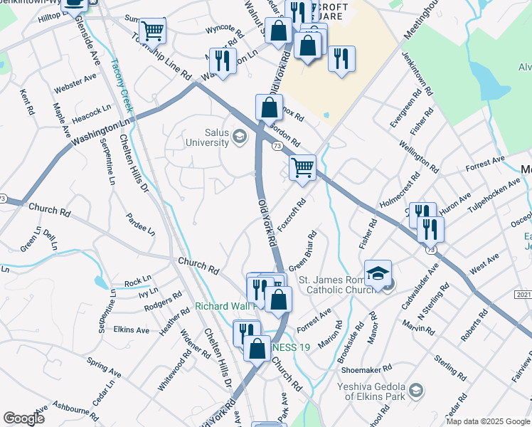 map of restaurants, bars, coffee shops, grocery stores, and more near 8251 Old York Road in Elkins Park