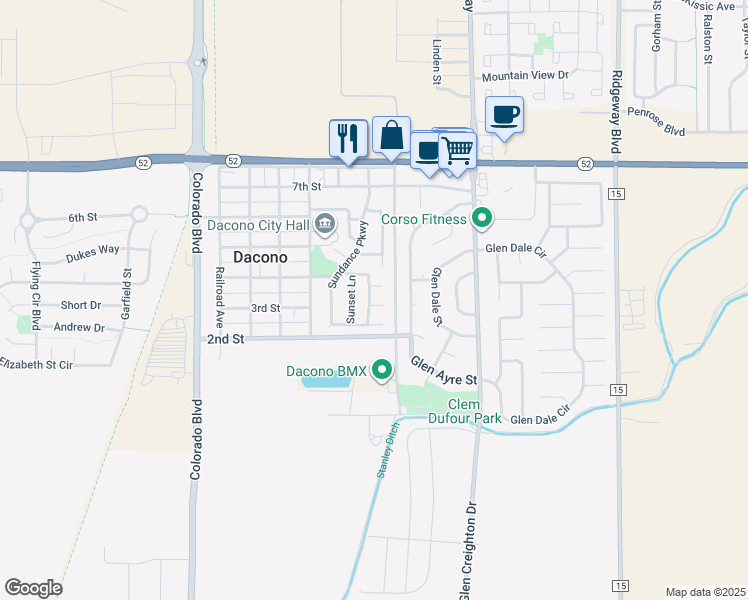 map of restaurants, bars, coffee shops, grocery stores, and more near 2045 Skyview Place in Dacono