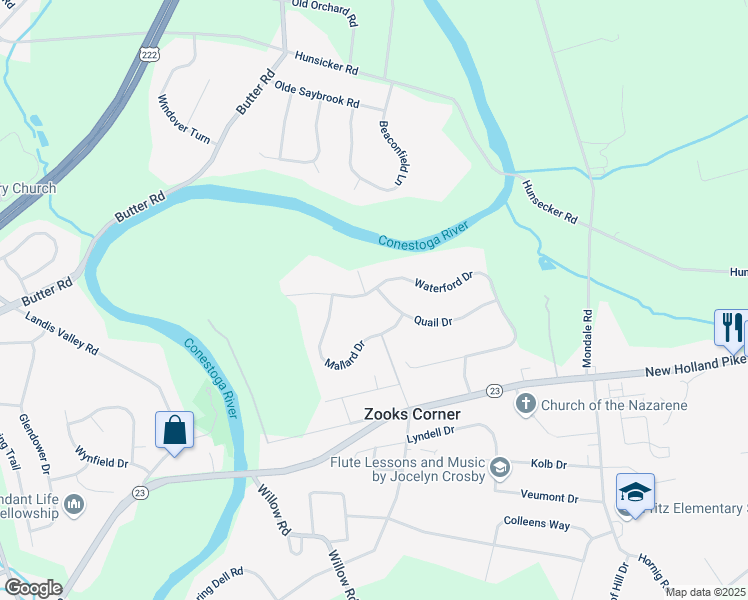 map of restaurants, bars, coffee shops, grocery stores, and more near 2112 Waterford Drive in Lancaster
