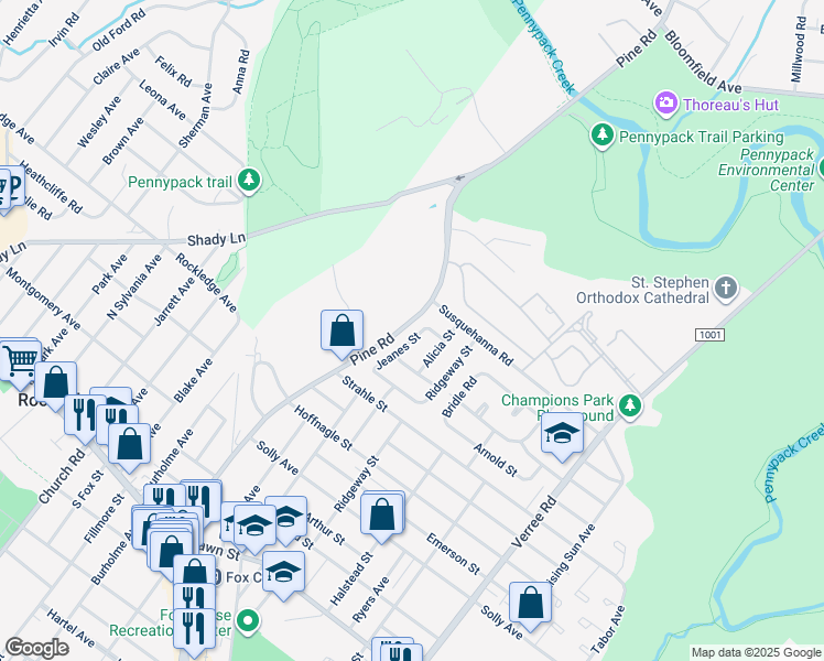 map of restaurants, bars, coffee shops, grocery stores, and more near 8530 Jeanes Street in Philadelphia