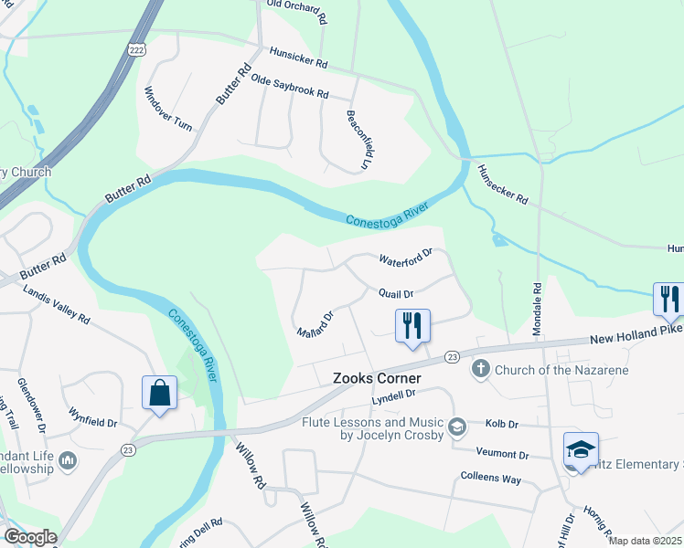 map of restaurants, bars, coffee shops, grocery stores, and more near 2112 Waterford Drive in Lancaster