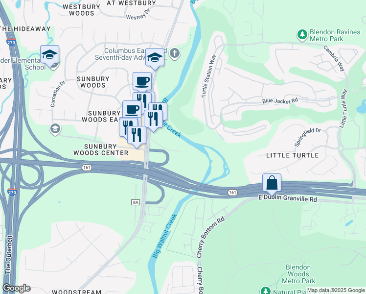 map of restaurants, bars, coffee shops, grocery stores, and more near 4791 Lake Forest Boulevard in Westerville
