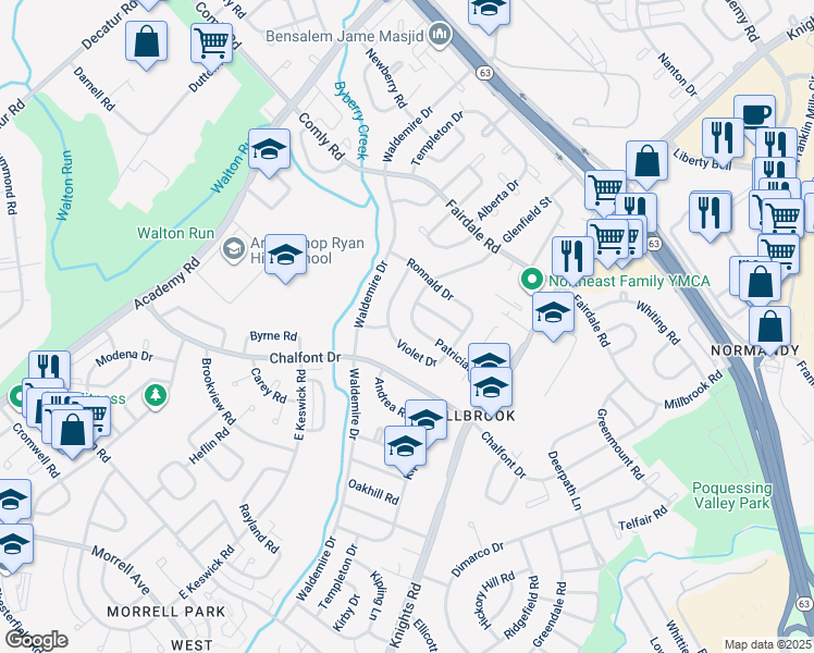 map of restaurants, bars, coffee shops, grocery stores, and more near 3804 Patrician Drive in Philadelphia