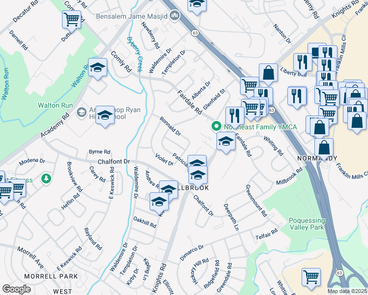 map of restaurants, bars, coffee shops, grocery stores, and more near 11107 Kirby Drive in Philadelphia