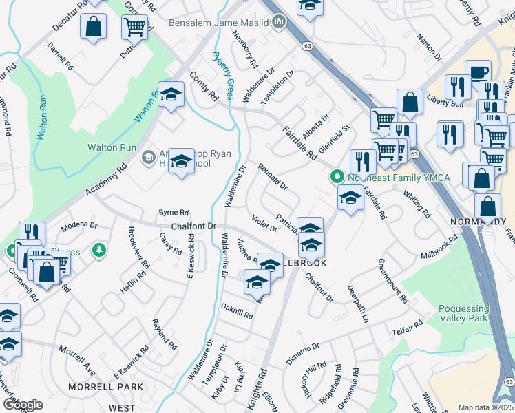 map of restaurants, bars, coffee shops, grocery stores, and more near 3804 Patrician Drive in Philadelphia