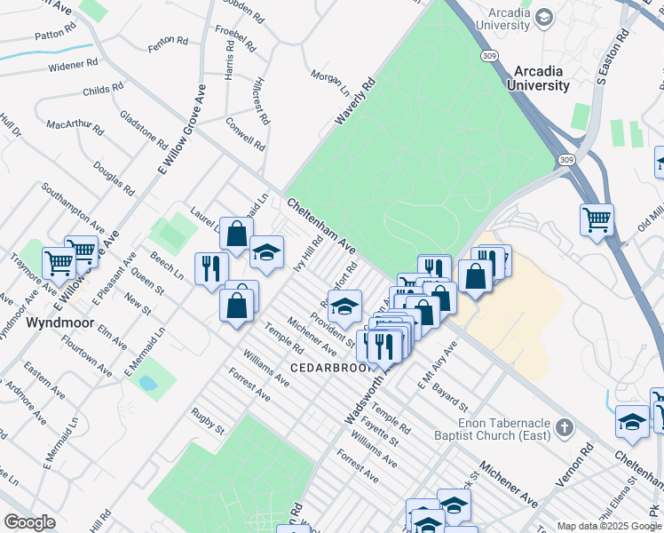 map of restaurants, bars, coffee shops, grocery stores, and more near 1615 Roumfort Road in Philadelphia