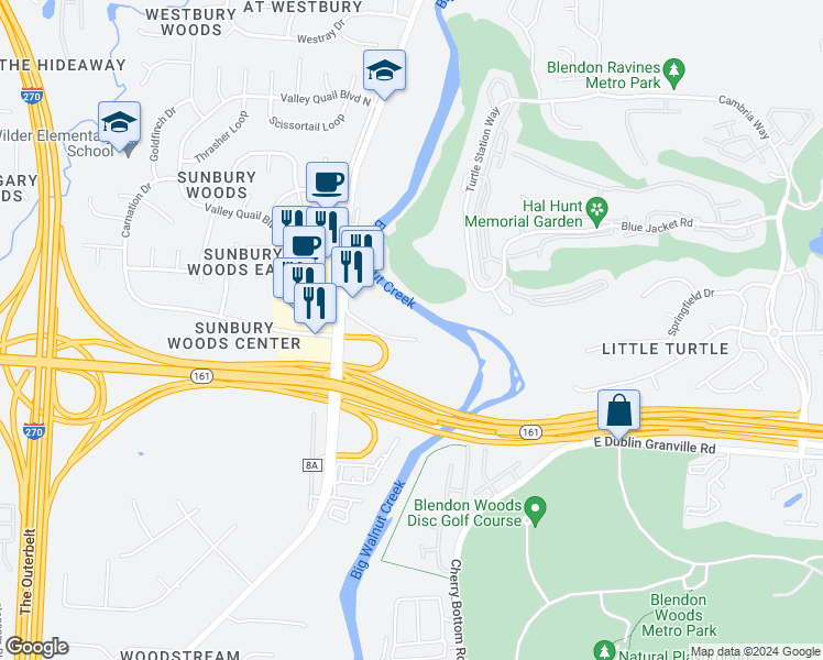 map of restaurants, bars, coffee shops, grocery stores, and more near 4791 Lake Forest Boulevard in Westerville