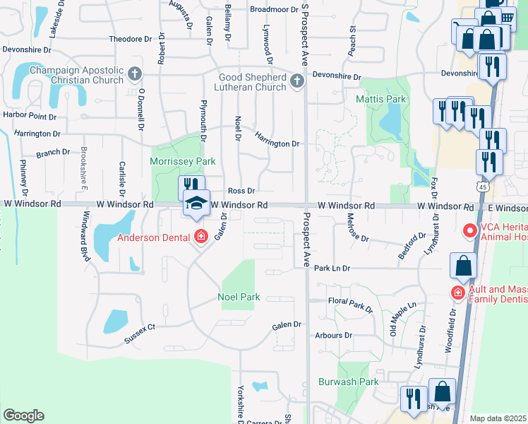 map of restaurants, bars, coffee shops, grocery stores, and more near 2406 North Nottingham Court in Champaign