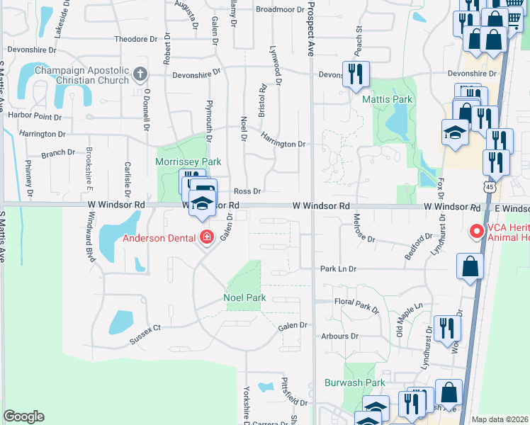 map of restaurants, bars, coffee shops, grocery stores, and more near 2406 North Nottingham Court in Champaign