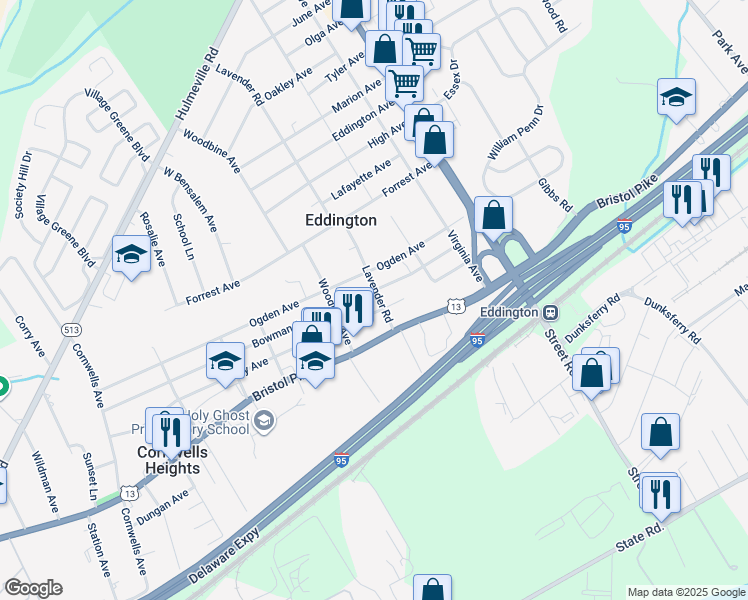 map of restaurants, bars, coffee shops, grocery stores, and more near 1118 Lavender Road in Bensalem