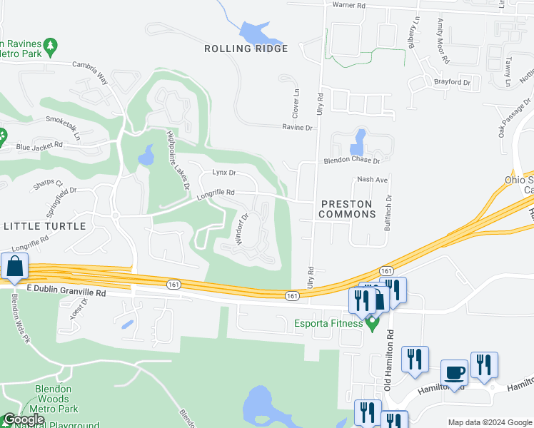 map of restaurants, bars, coffee shops, grocery stores, and more near Fallston Court in Westerville
