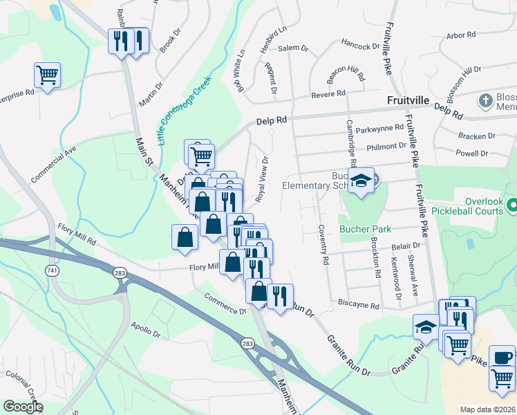 map of restaurants, bars, coffee shops, grocery stores, and more near 623 Royal View Drive in Lancaster