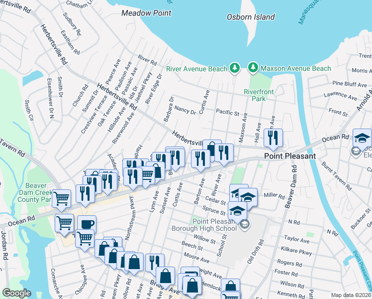 map of restaurants, bars, coffee shops, grocery stores, and more near 511 Curtis Avenue in Point Pleasant