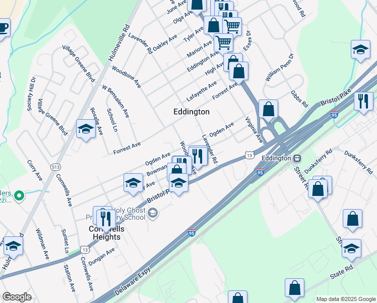 map of restaurants, bars, coffee shops, grocery stores, and more near 1145 Woodbine Avenue in Eddington