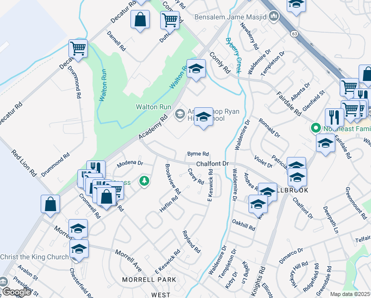 map of restaurants, bars, coffee shops, grocery stores, and more near 3523 Byrne Road in Philadelphia