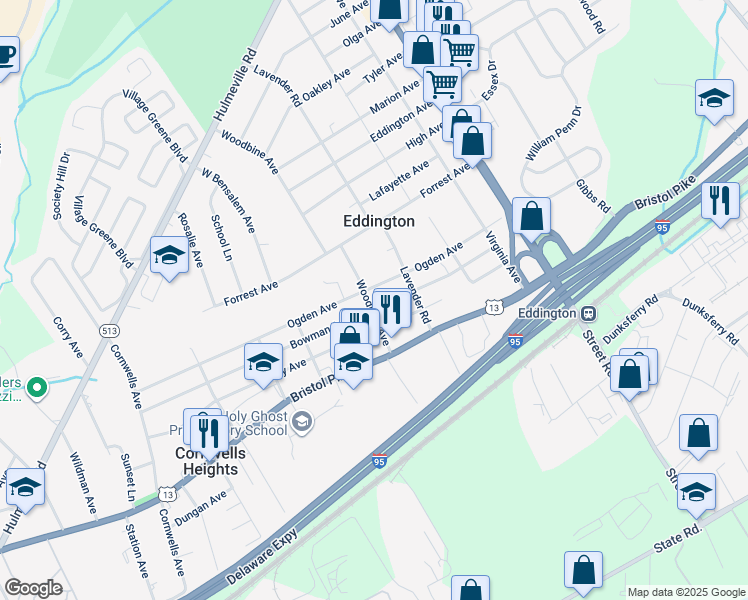 map of restaurants, bars, coffee shops, grocery stores, and more near 1145 Woodbine Avenue in Eddington