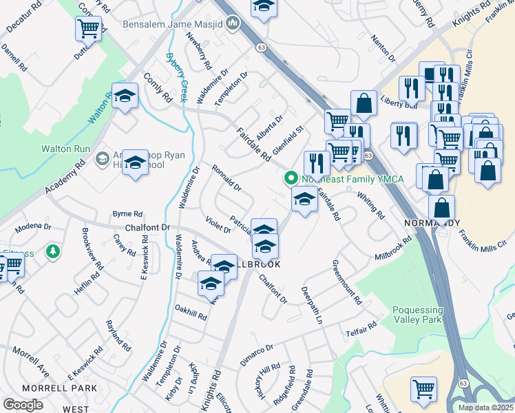 map of restaurants, bars, coffee shops, grocery stores, and more near 11123 Kirby Drive in Philadelphia